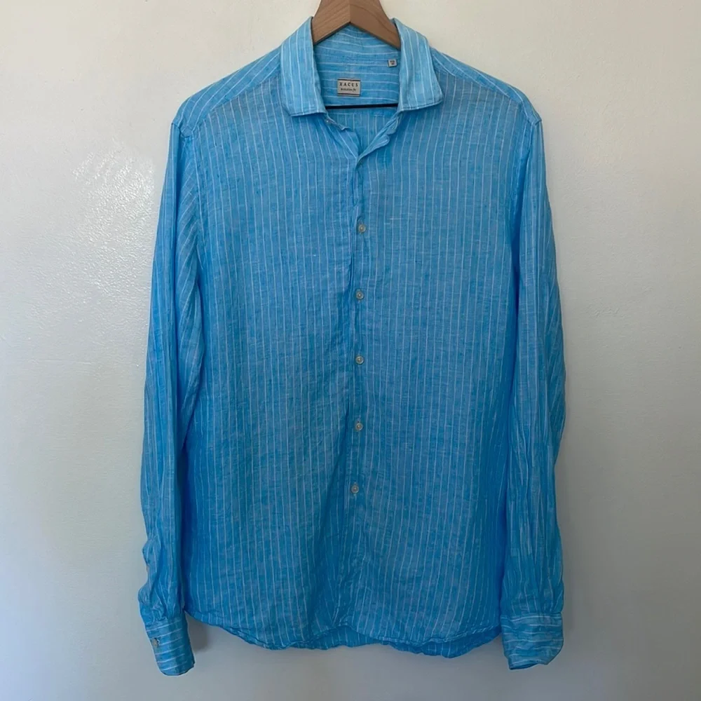 XACUS | 100% Linen Made in Italy Blue Stripe Button Down Resort Shirt 15 3/4 40 - Picture 1 of 9